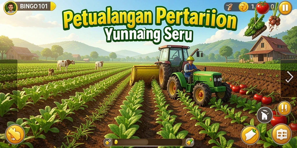 Screenshot gameplay BINGO101 yang menunjukkan lahan pertanian yang subur.