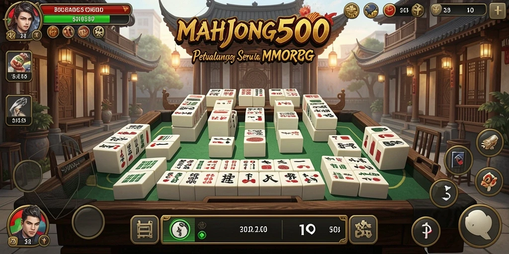 Screenshot utama MAHJONG500 menampilkan pemain dalam aksi pertempuran MMORPG.