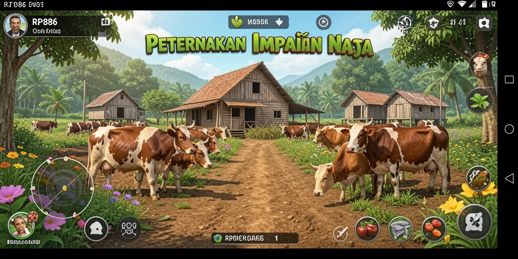 Tangkapan layar gameplay <strong>RP886</strong> menampilkan suasana pertanian yang indah dan interaksi hewan.