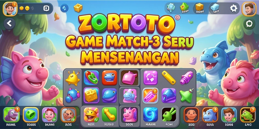 Screenshot gameplay ZORTOTO menampilkan aksi mencocokkan elemen Match-3.